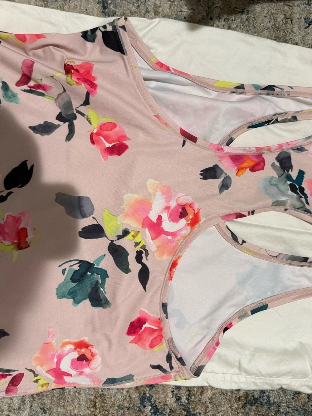 Athleta Blush Floral Scoop Tank Bodysuit - Pink & Black Accents